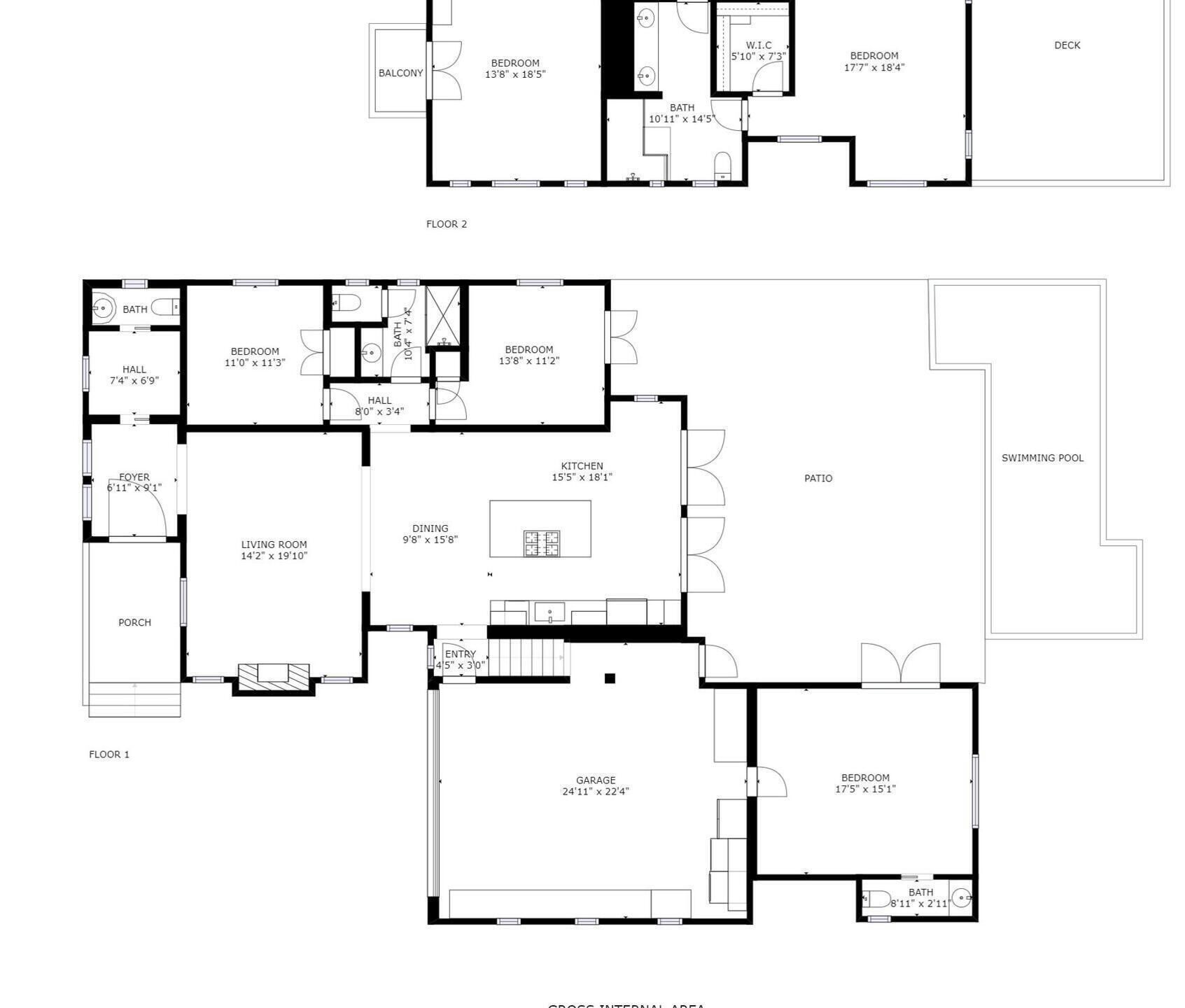 A floor plan with a balcony, two bedrooms, a kitchen, dining area, living room, foyer, and a garage.