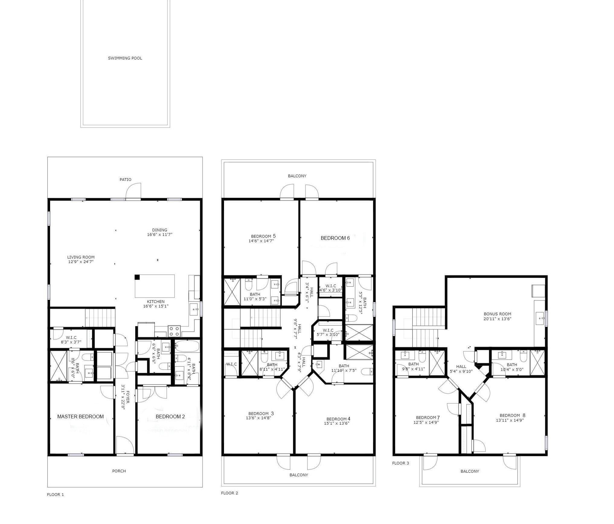 A floor plan of a multi-room apartment with a balcony, dining area, kitchen, master bedroom, and a bonus room.