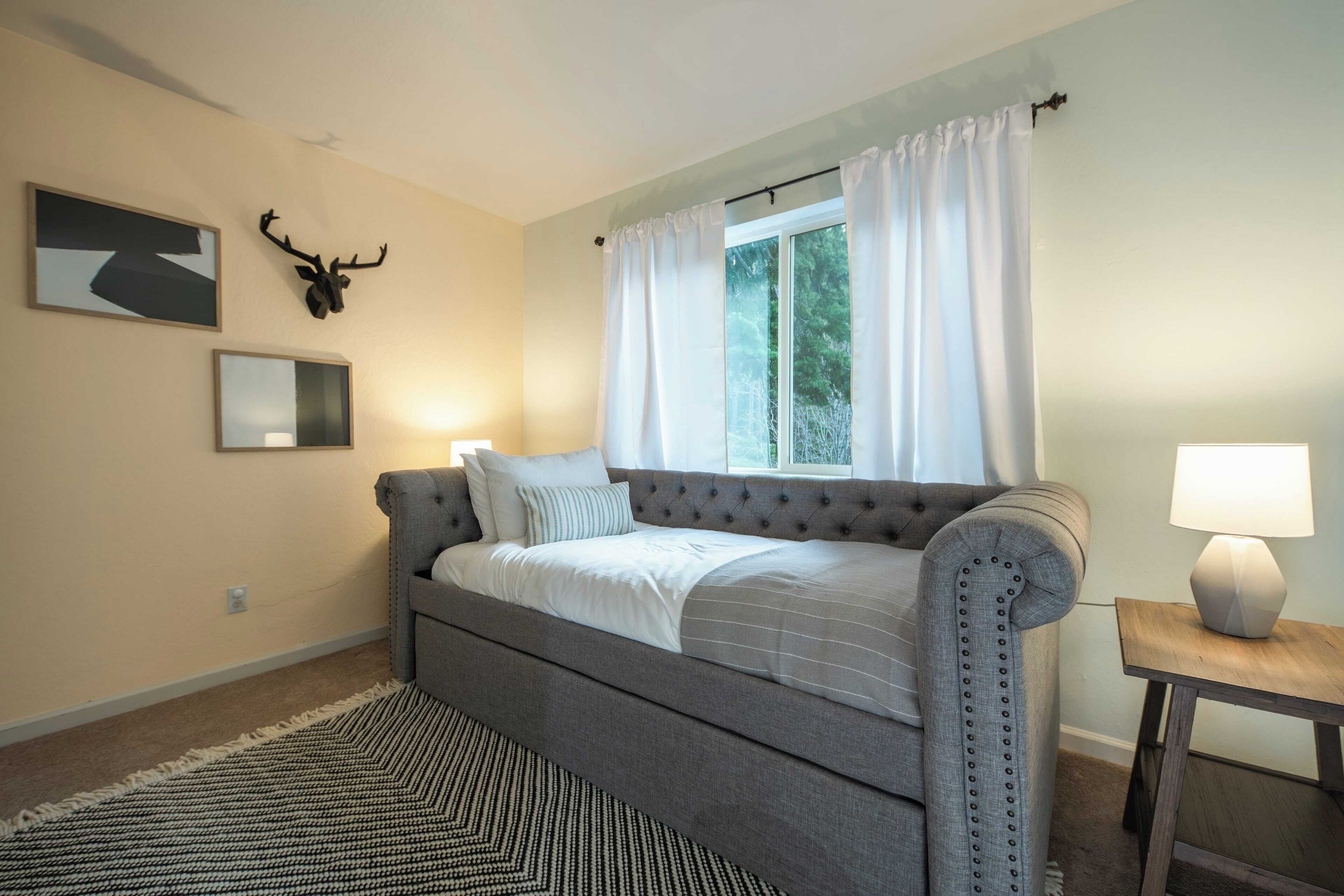 Une chambre avec un canapé-lit gris, un tapis à motifs, une petite table avec une lampe et une tête de cerf accrochée au mur.