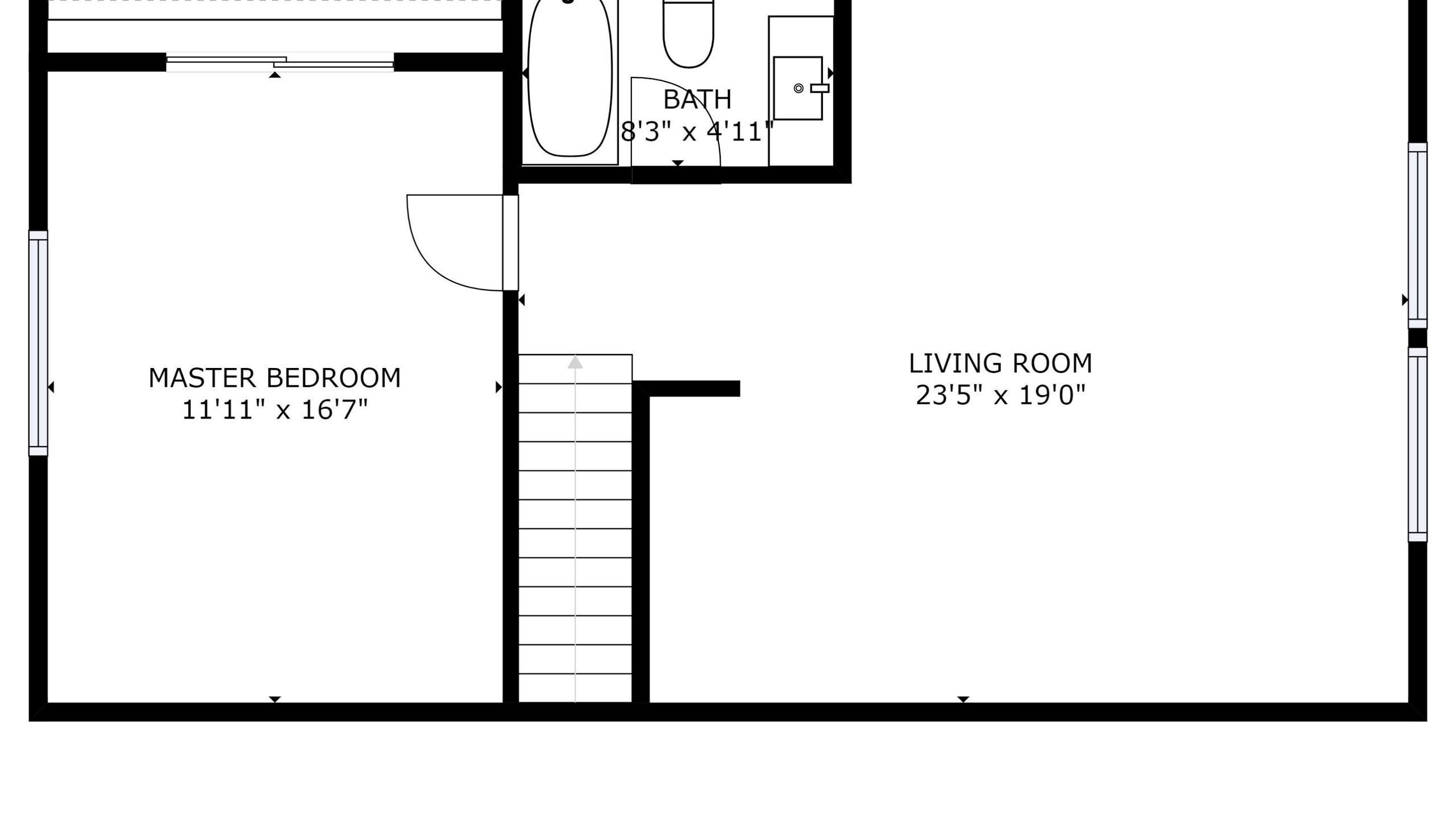Plano de planta que muestra un dormitorio principal (3.35 m x 4.95 m), un salón (7.1 m x 5.79 m) y un baño (2.46 m x 1.3 m).