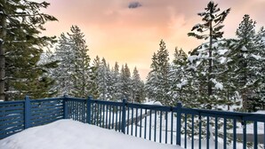A snow-covered landscape with a blue fence and snow-laden trees.