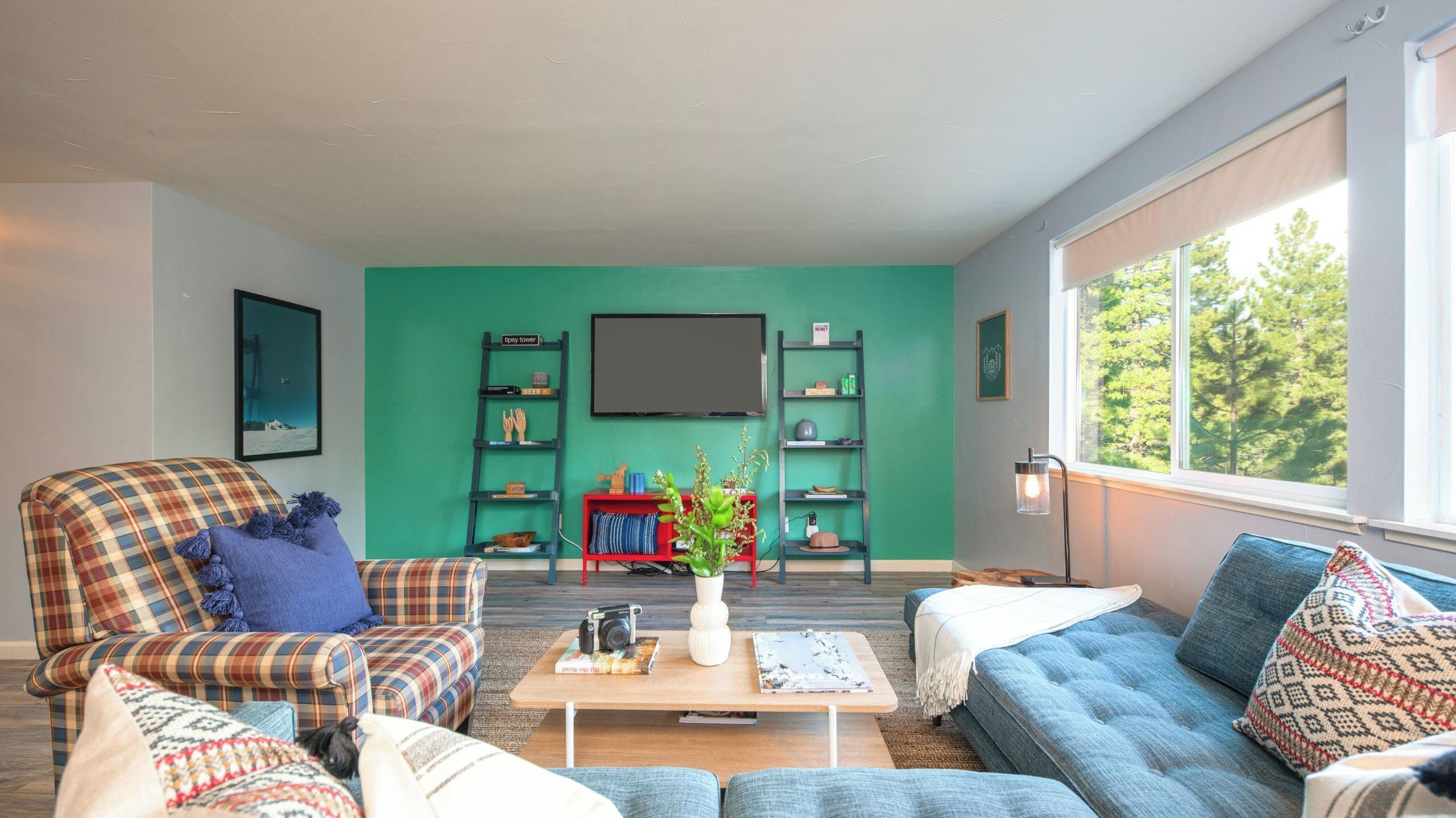 A living room with a plaid sofa, a blue sofa, a coffee table, and a bookshelf against a green wall.