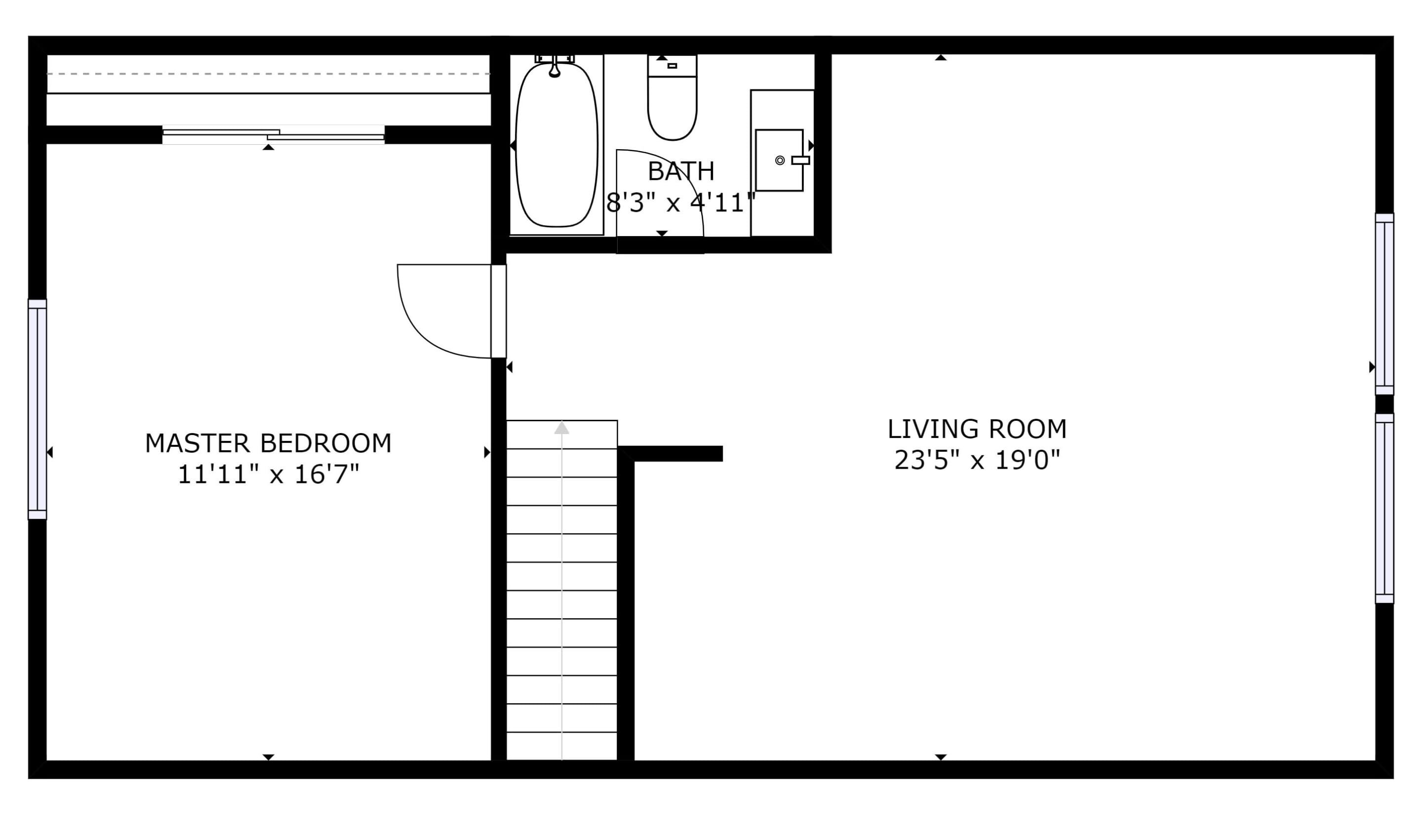 A floor plan with a master bedroom (11'11" x 16'7"), a living room (23'5" x 19'0"), and a bathroom (8'3" x 4'11").