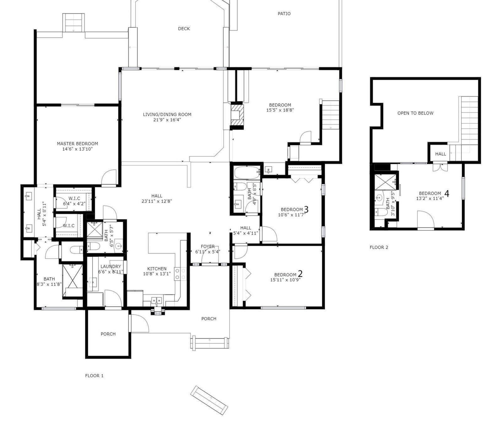 Un plan d’étage d’une maison comprenant un salon/salle à manger, une chambre principale, deux chambres, un hall d’entrée, une cuisine, deux salles de bain, une véranda et une terrasse.