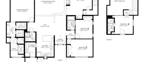 Un plan d’étage d’une maison comprenant un salon/salle à manger, une chambre principale, deux chambres, un hall d’entrée, une cuisine, deux salles de bain, une véranda et une terrasse.