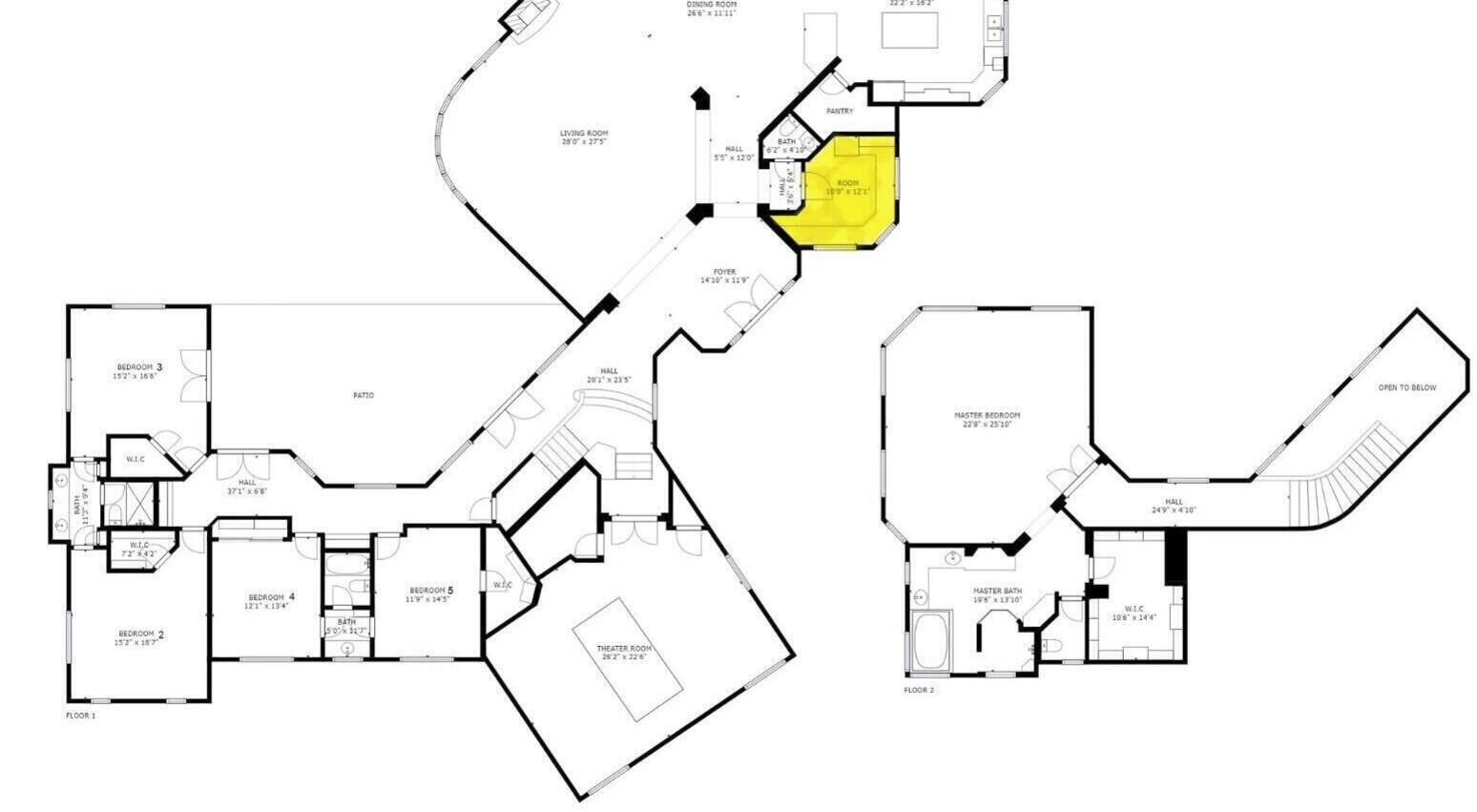 Un plan d’étage comprenant plusieurs chambres, une salle à manger, une cuisine et un salon.