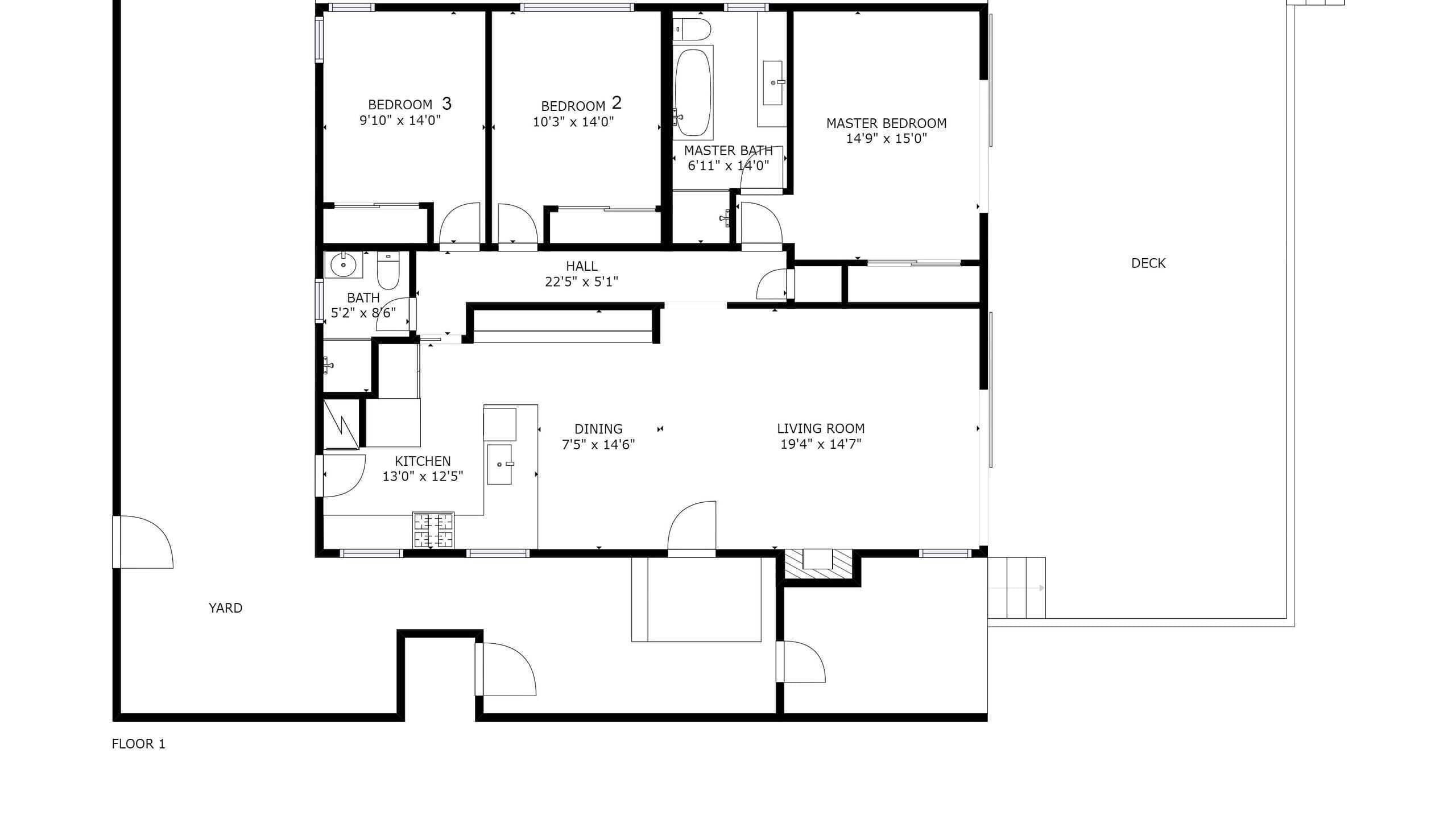 A floor plan of a hotel with three bedrooms, a master bedroom, a master bath, a hall, a dining area, a kitchen, a living room, and a yard.