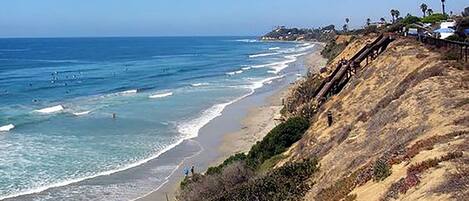 A coastal landscape with a beach, ocean, and a hillside with a staircase.