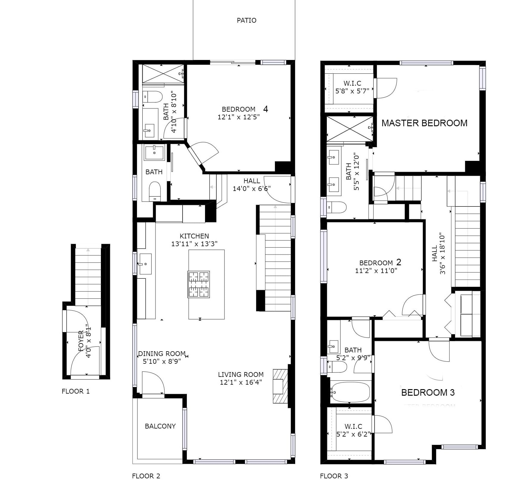 Distribución de un apartamento de 3 plantas con balcón, comedor, sala de estar, cocina, dos dormitorios principales, dos dormitorios estándar y un baño.