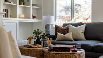 55-inch TV with digital channels, fireplace, streaming services