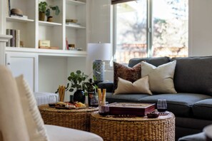 55-inch TV with digital channels, fireplace, streaming services