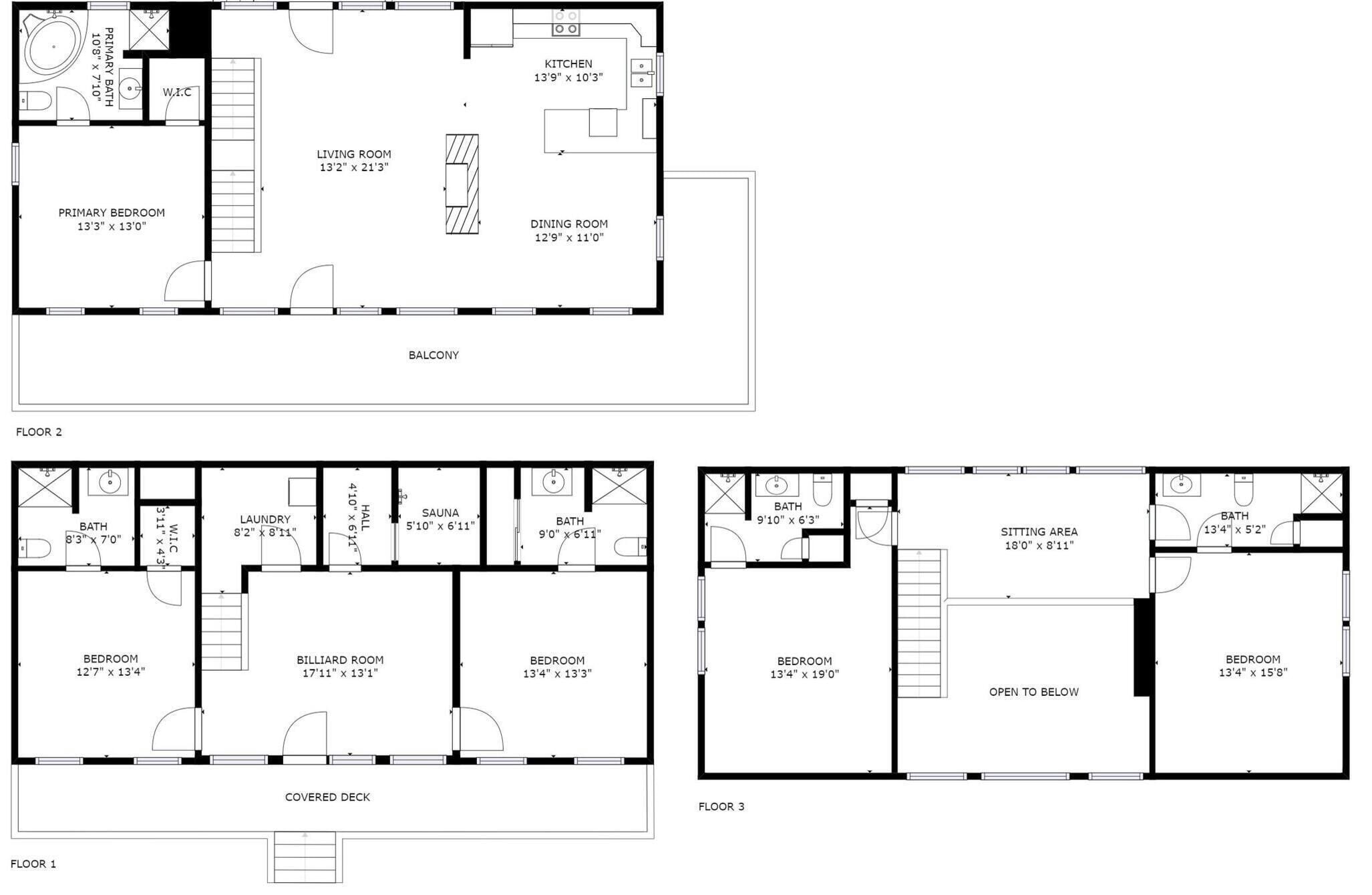 A hotel layout with a covered deck, multiple bedrooms, a billiard room, a sauna, and a sitting area.