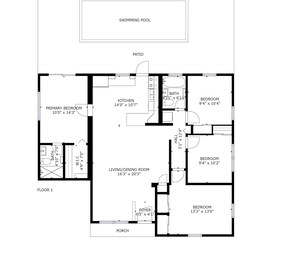 Grundriss eines Hauses mit Schwimmbad, Terrasse, Küche, zwei Schlafzimmern, Wohn-/Esszimmer, Eingangsbereich und Veranda.