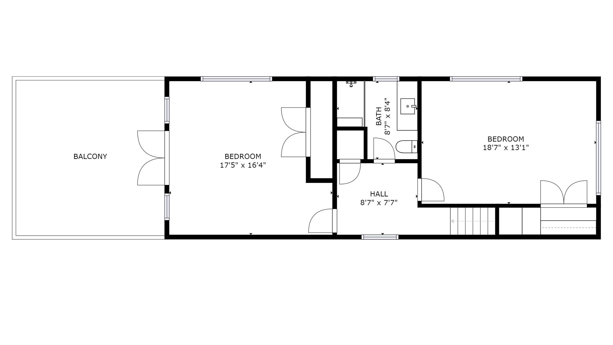 A floor plan with a balcony, two bedrooms, a bathroom, and a hall.