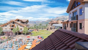 A resort with multiple buildings, outdoor seating, and a mountainous backdrop. - Blue Mesa Penthouse by Avantstay Buyout of 3 Units Ski-in/ski-out Condo (Telluride)
