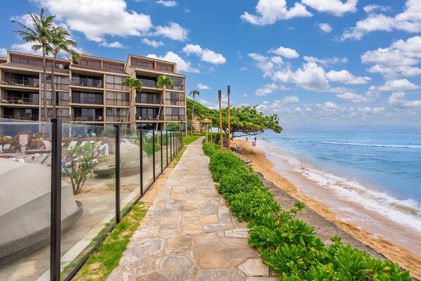 A beachfront hotel with a stone pathway leading to the beach, palm trees, and a clear view of the ocean.