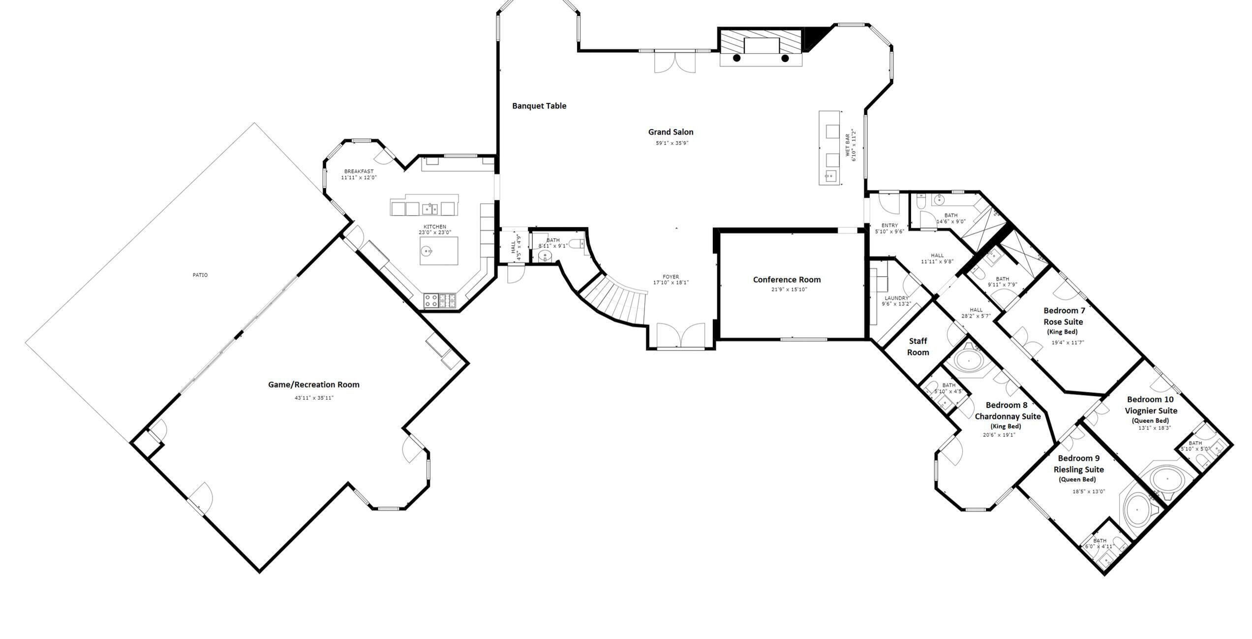 A hotel floor plan with a patio, game/recreation room, banquet table, grand salon, conference room, and multiple bedrooms including a rose suite, vignerie suite, and rieling suite.