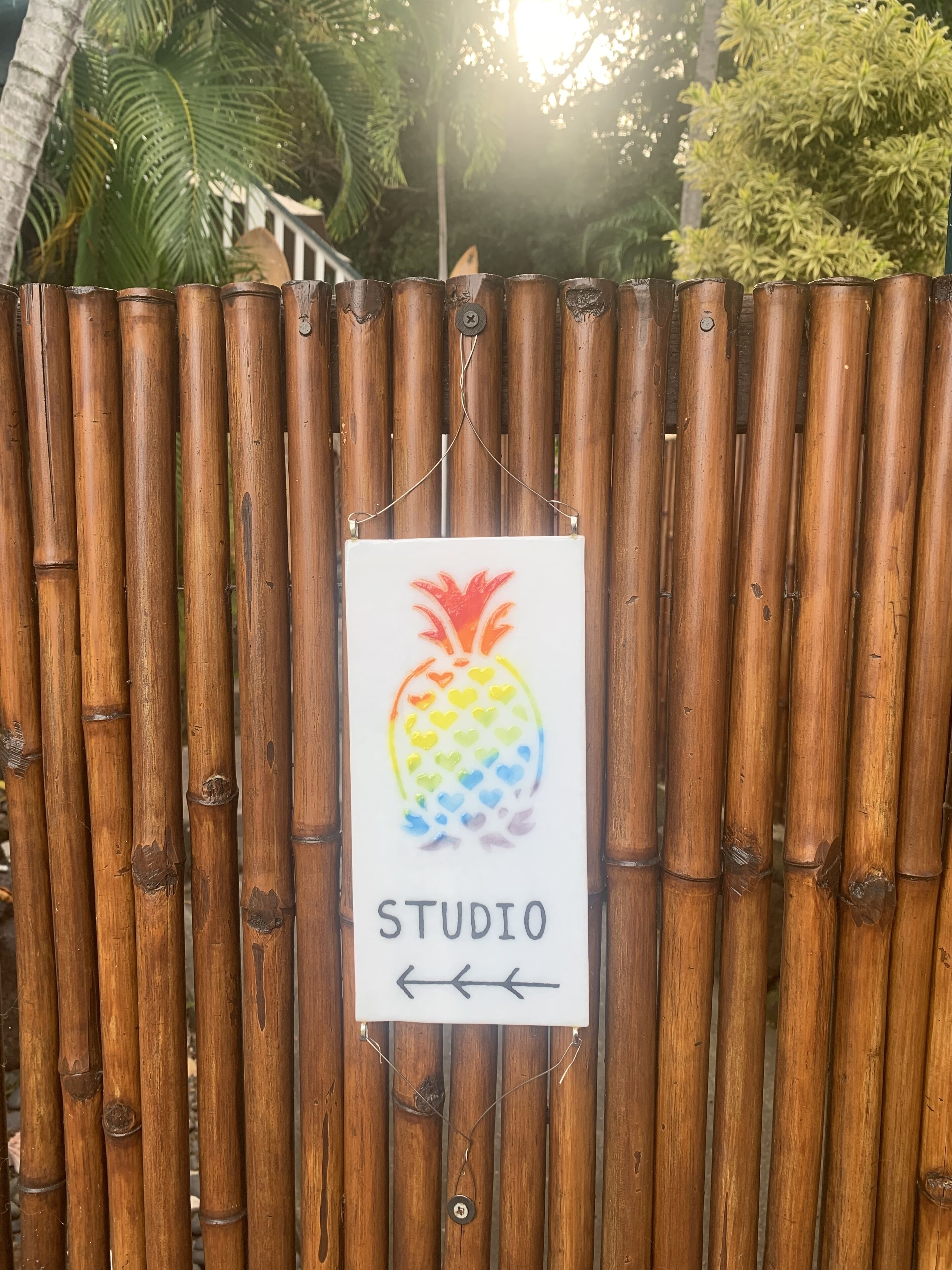 Une clôture en bambou avec une pancarte indiquant « STUDIO » et une illustration colorée d’un ananas.