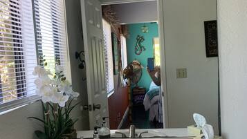 Combined shower/tub, hair dryer, towels, soap