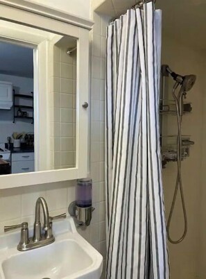 Shower, hair dryer, soap, toilet paper