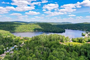 A lake surrounded by dense forest and a small village with houses and buildings. - Belle de Nuit (La Peche)