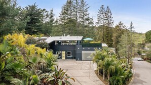 Ein modernes, schwarzes Haus mit Garage, umgeben von üppiger tropischer Vegetation und hoch aufragenden Kiefern.