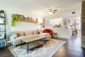 Smart TV, fireplace, books, computer monitors