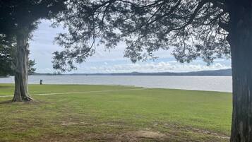 A grassy park area with a path leading to a body of water, surrounded by trees.