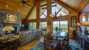 Flat-screen TV, fireplace