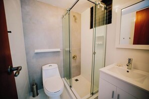 Une salle de bain comprenant des toilettes, une douche fermée par une paroi de verre et un lavabo blanc avec un miroir au-dessus.