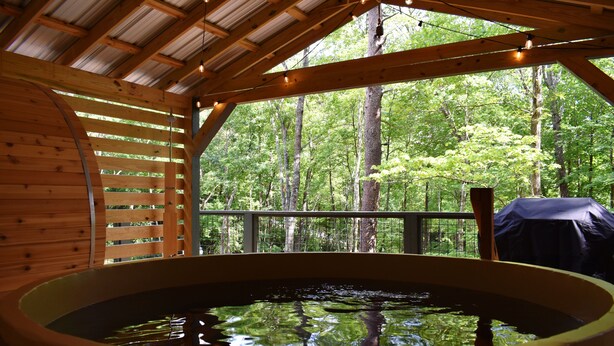 Un bain à remous dans un chalet en bois avec vue sur une forêt.
