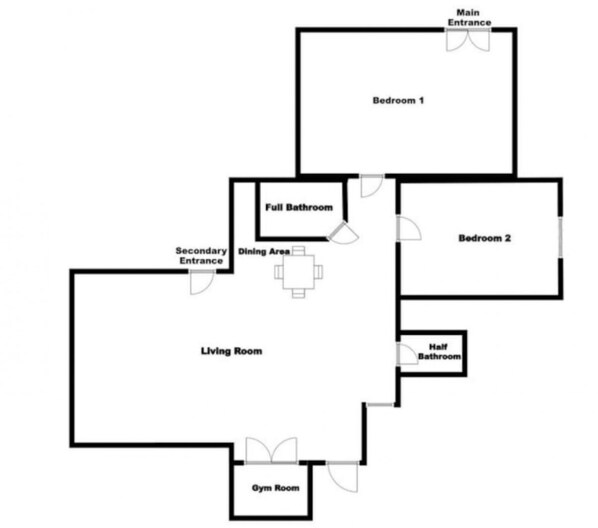 A floor plan with a main entrance, two bedrooms, a full bathroom, a half bathroom, a gym room, a living room, a dining area, and a secondary entrance. - Spacious Unit with Mountain View on Route 11 (New Market)
