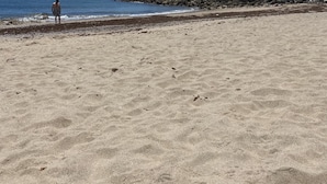 A beach with a rocky shoreline and a person standing near the water. - Yellow House (Oeiras)