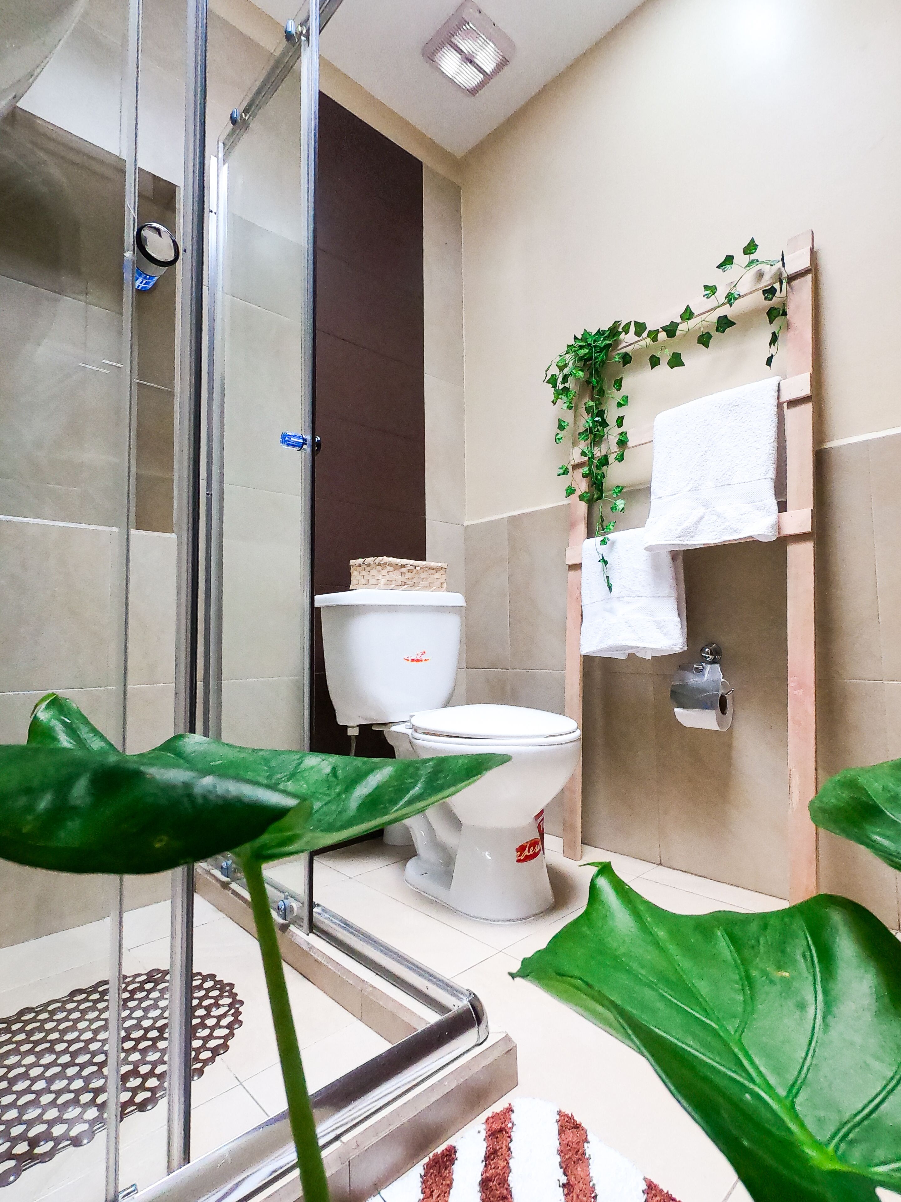 Regadera, toallas, papel de baño 