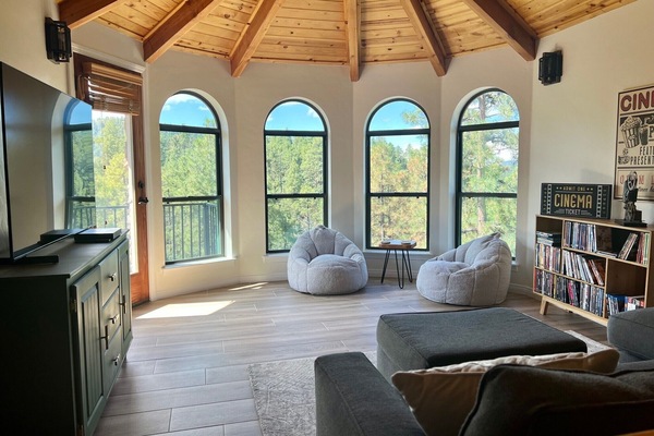 Smart TV, fireplace, video games, DVD player