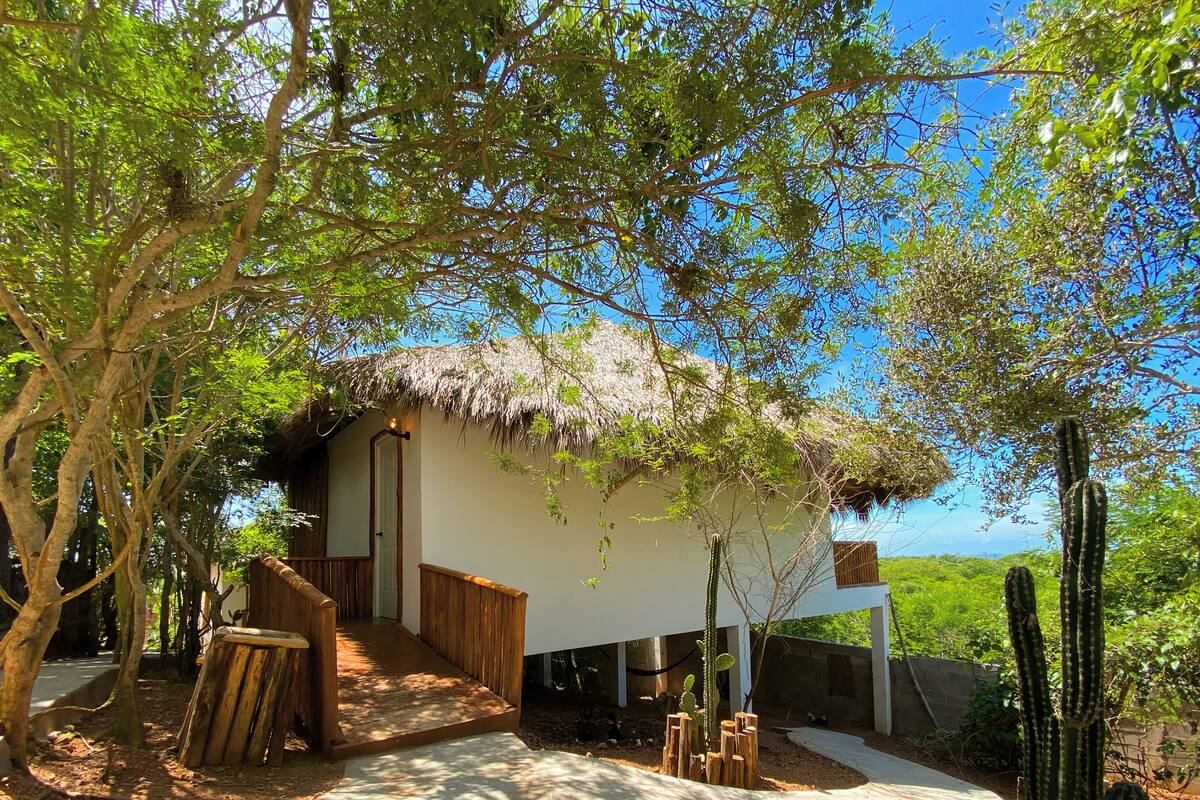 A thatched-roof structure with a wooden staircase leading to a door, surrounded by trees and cacti.