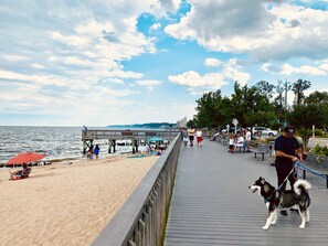 Plage à proximité, chaises longues, serviettes de plage