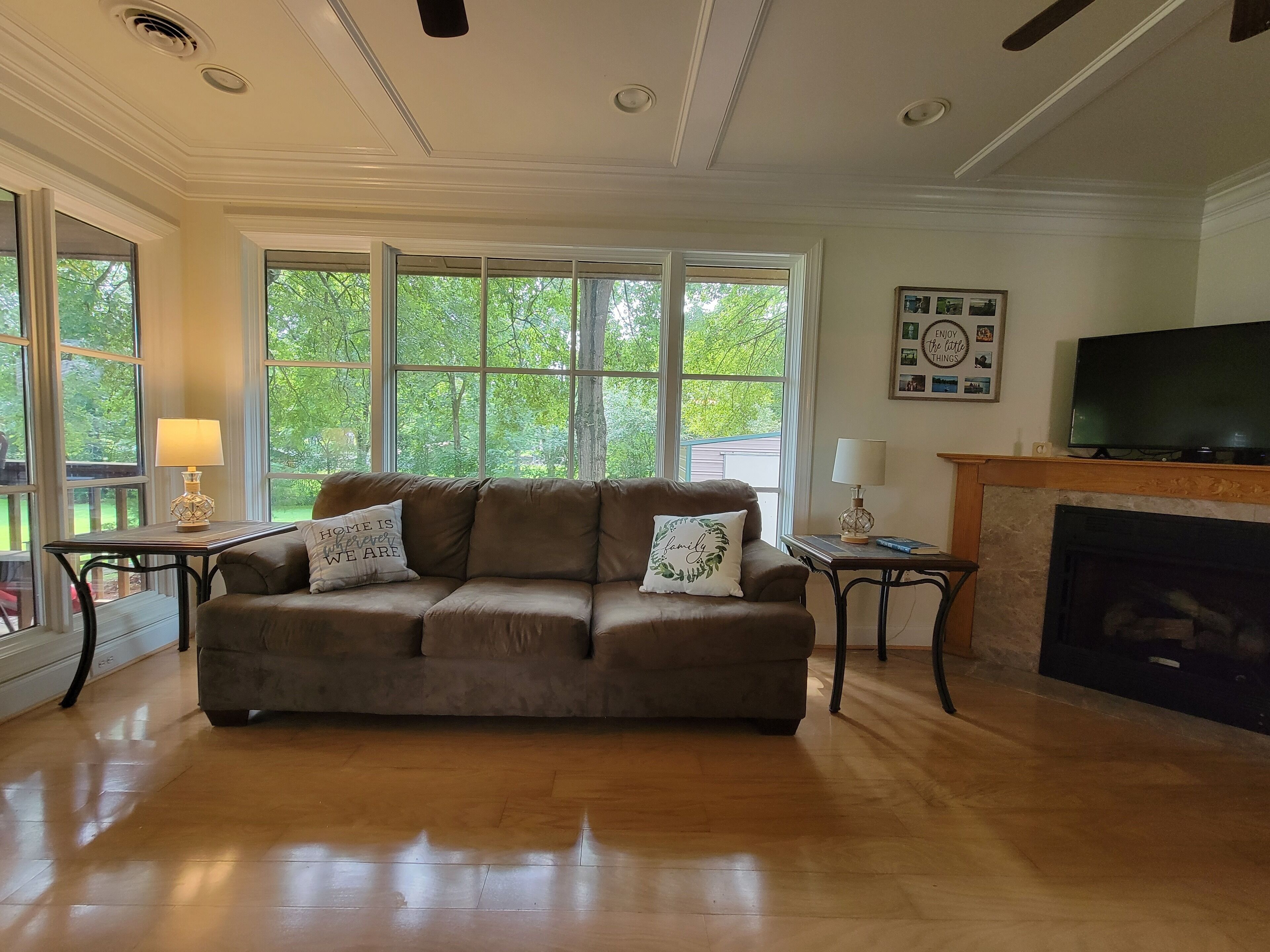 Smart TV, chimenea, videojuegos, libros