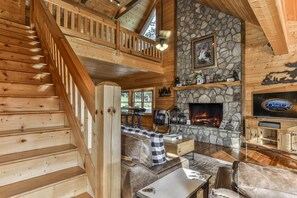 Flat-screen TV, fireplace