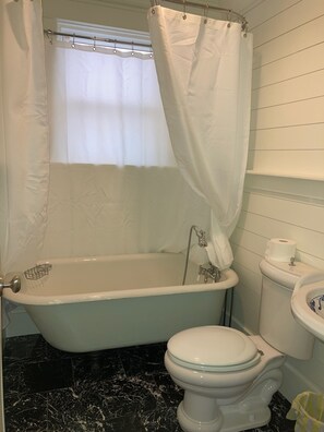 Tina con regadera, secadora de cabello, toallas, papel de baño 