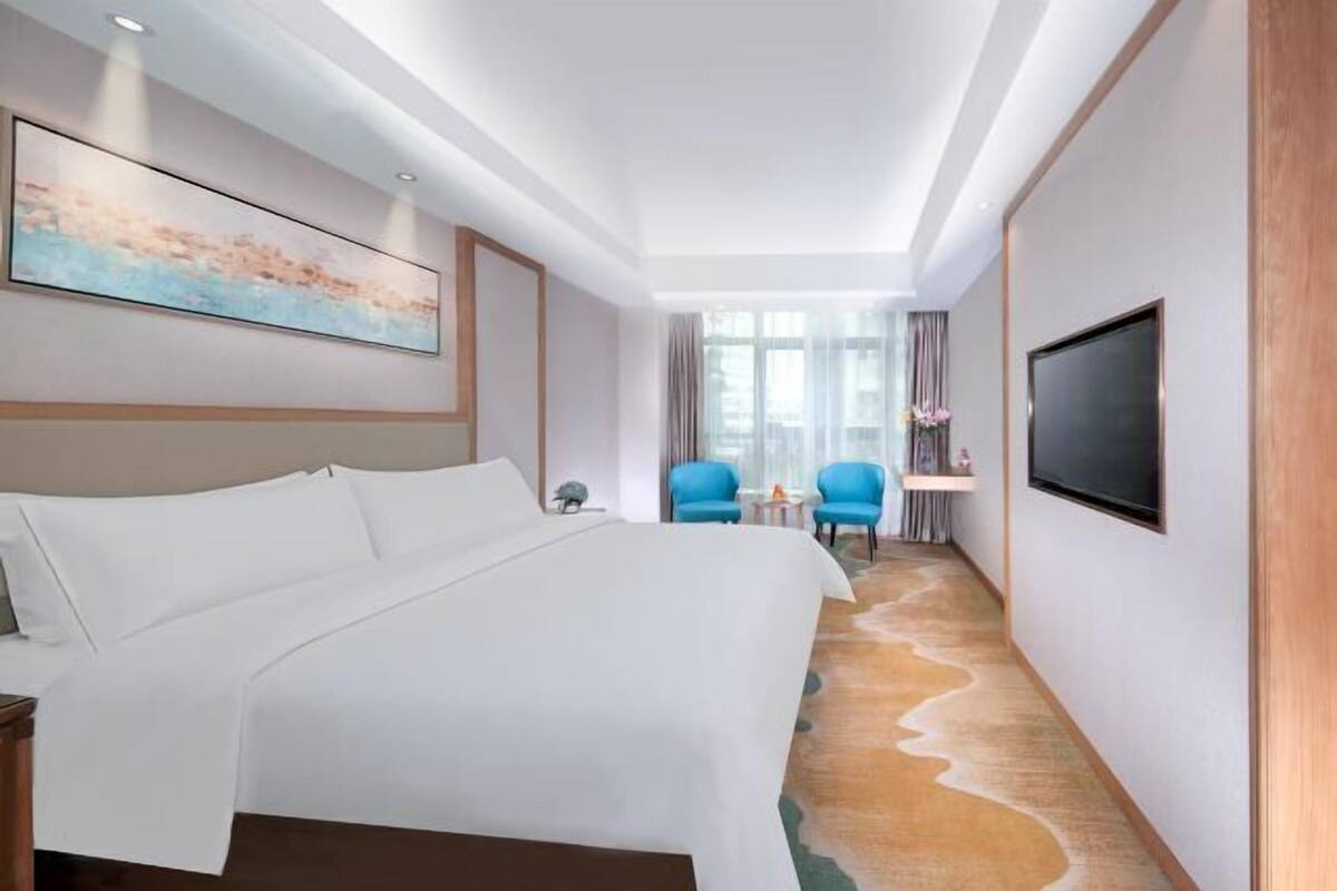 A hotel room with a bed, a TV, a painting, and a view of the city.