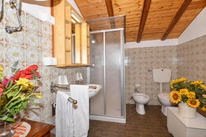 A bathroom with a shower, sink, toilet, and a wooden ceiling.