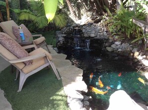A garden with a pond, koi fish, and a stone waterfall. - Shared Home (Inglewood)