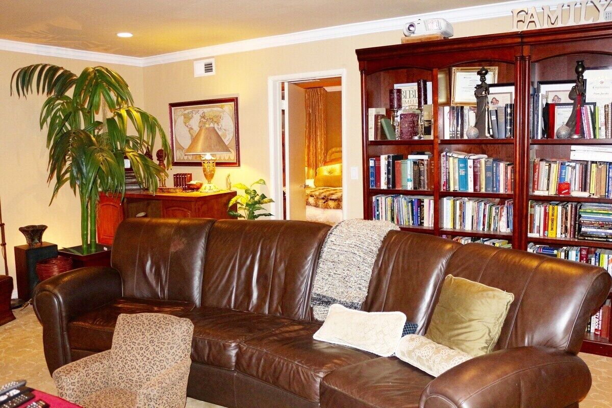 Una sala de estar con un sofá de cuero marrón, una estantería llena de libros, una planta grande en maceta y un cuadro en la pared.