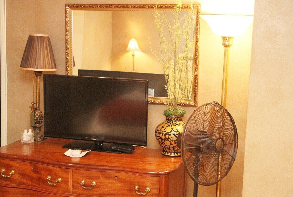 A wooden dresser with a television, a mirror, a vase with branches, and a standing fan.