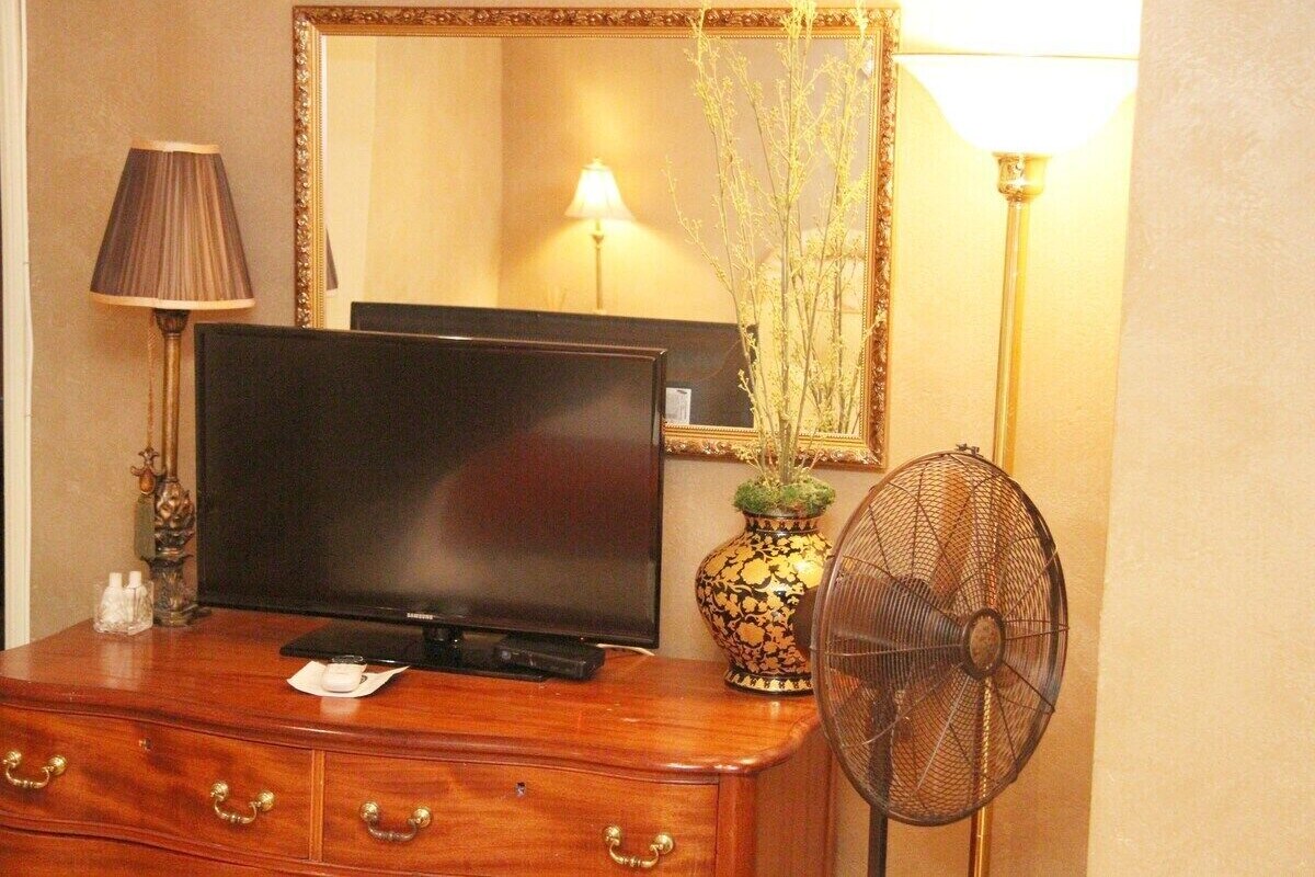 A wooden dresser with a television, a mirror, a vase with branches, and a standing fan.