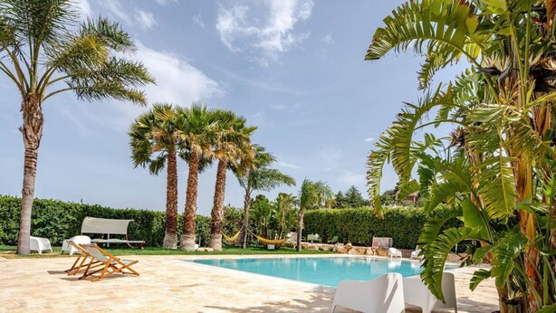 Un área junto a la piscina con sillones de descanso, palmeras y cielo despejado.