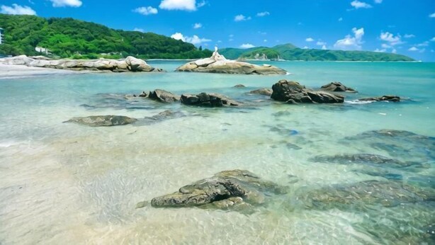 A coastal scene with clear water, rocks, and a distant green landscape. - Haidu Hotel (Taishan)