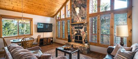 Smart TV, fireplace, books, stereo