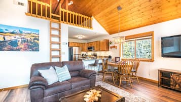 Smart TV, fireplace, books, stereo